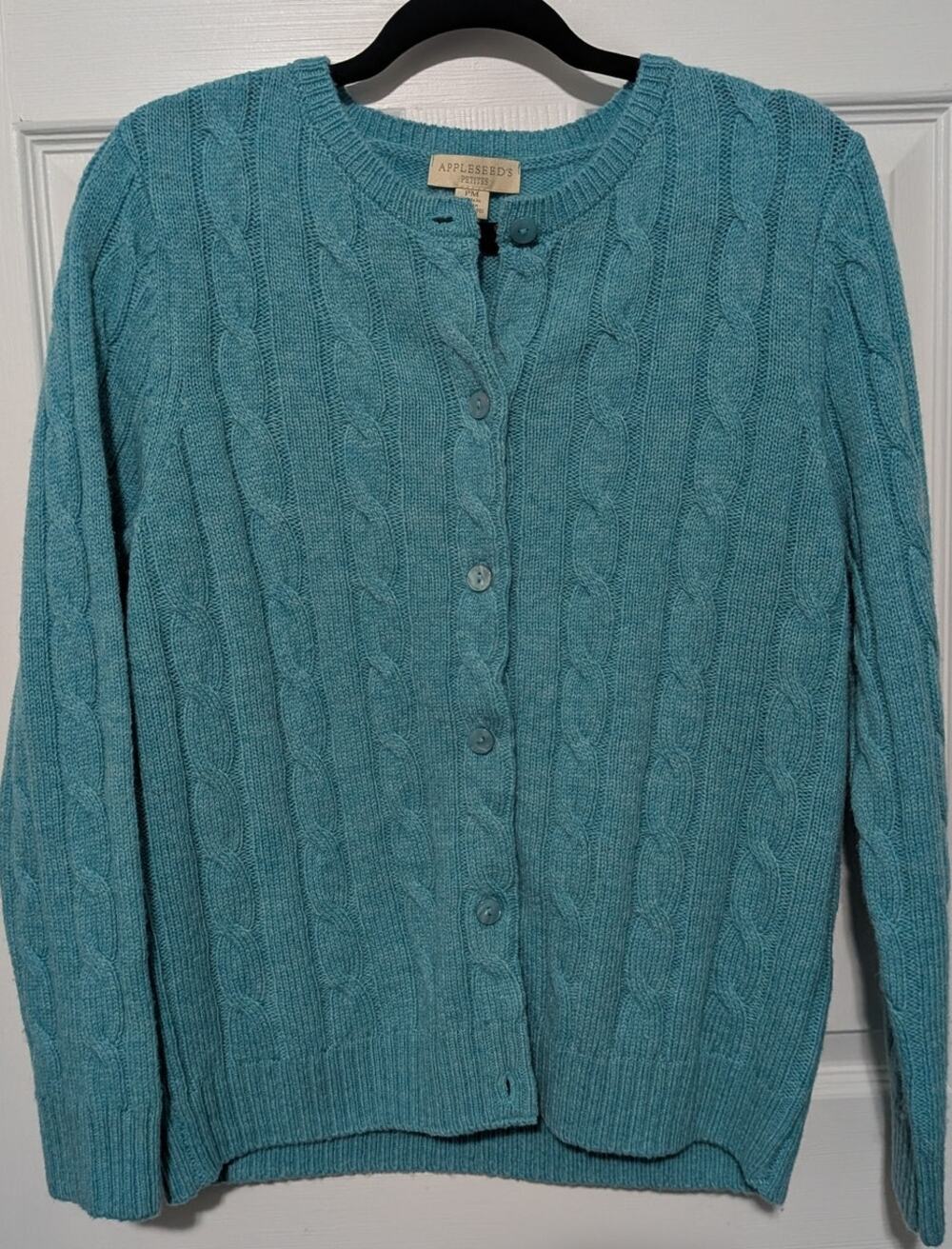 Appleseed's Petites Teal Blue Cable Knit Button Front Cardigan Sweater Size PM